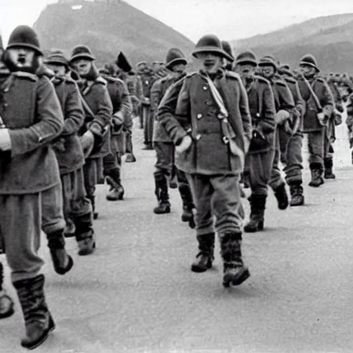 Image similar to “historical pictures of penguins marching along side of German soldiers, WW2”