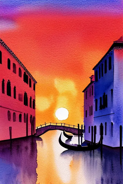 Prompt: minimalist watercolor art of venice at sunset, illustration, vector art