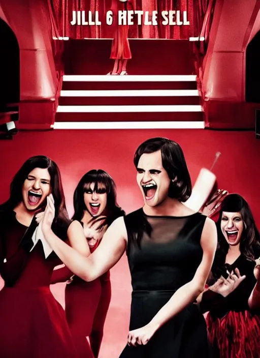 Image similar to glee sequel poster where rachel berry is the villain, evil lea michele cackling maniacally, with text, dark disturbing version of glee, airing in 2 0 2 3