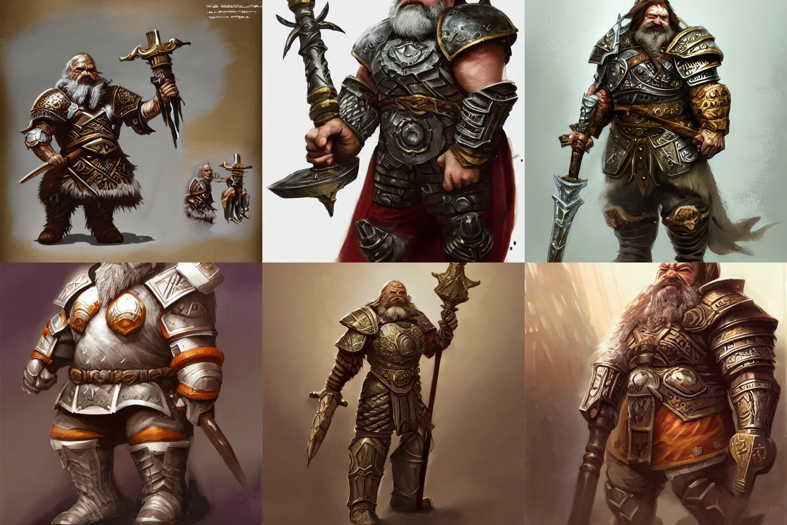 Prompt: highly detailed concept art of dwarf in full dwarven armor with dwarven hammer, by WOTC, D&D, Archvillain Games, TitanForge, Blizzard, Elder Scrolls, WETA, LOTR, craig mullins, greg rutkowski, trending on artstation