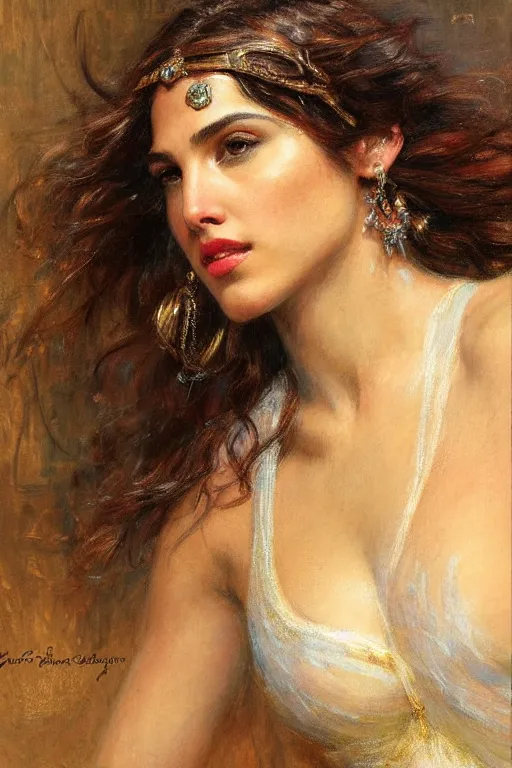 Image similar to high detail portrait of gal gadot by gaston bussiere.