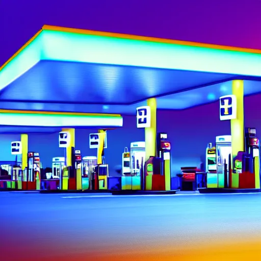 Image similar to a gas station at nighttime, screenshot, extreme long shot, cold lighting, Vaporware style