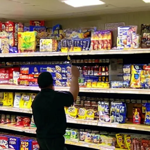 Prompt: security camera footage of a sports mascot knocking items off the shelves in a convenience store