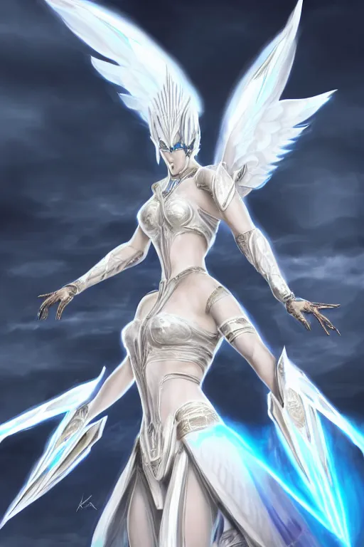 Image similar to perfect white haired egyptian goddess wearing white dove wings, warframe armor, regal, attractive, ornate, sultry, beautiful, ice queen, half asian, pretty face, blue eyes, detailed, scifi platform, 4 k, ultra realistic, epic lighting, android body, illuminated, cinematic, masterpiece, art by akihito tsukushi, voidstar