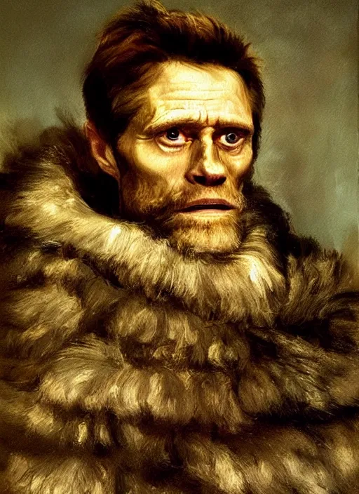 Prompt: flattering regal painting of willem dafoe with short beard, renaissance oil painting, studious chiaroscuro