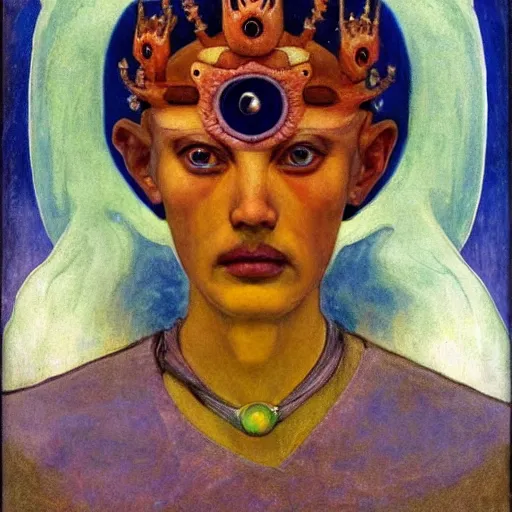 Image similar to the eyeball crown, by Annie Swynnerton and Nicholas Roerich and Diego Rivera, bioluminescent skin, elaborate costume, geometric ornament, symbolist, rich color, dramatic cinematic lighting, smooth, sharp focus, extremely detailed