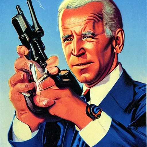 Image similar to propaganda poster of joe biden pointing gun directly at camera in james bond mobie, closeup of gun, visible barrel and grip by j. c. leyendecker, bosch, lisa frank, jon mcnaughton, and beksinski