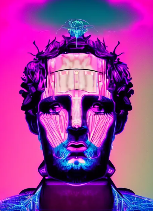 Image similar to portrait of dionysus, beeple, vaporwave, retrowave, black background, neon wiring, black, glitch, strong contrast, cuts, pinterest, trending on artstation