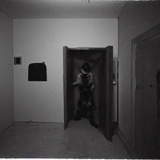 Image similar to an SCP gets loose in a dark room, dust in the air, brown wood cabinets, SCP, taken using a film camera with 35mm expired film, bright camera flash enabled, award winning photograph, sleep paralysis demon crabwalking towards camera, creepy, liminal space, in the style of the movie Pulse