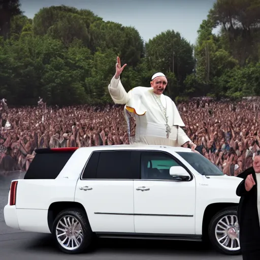 Prompt: The pope wearing a gangster chain and throwing gang signs in front of a white escalade, 4k, digital photograph