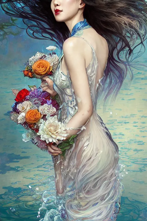 Image similar to portrait of a beautiful woman wearing a cheongsam dress, holding a bouquet of flowing flowers, drenched body, silver hair, emerging from the water, dark fantasy, regal, fractal crystal, fractal gems, by ross tran, stanley artgerm lau, thomas kindkade, alphonse mucha, loish, norman rockwell