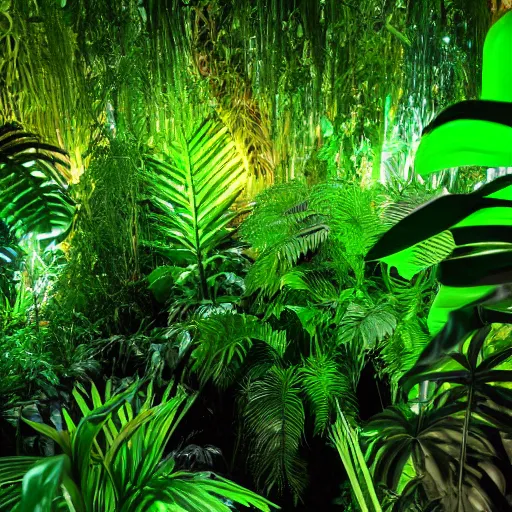 Image similar to « low luminosity jungle, luminescent plants, far view, detailed »