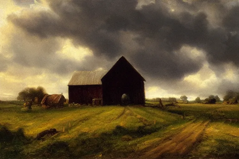 Prompt: a barn in the countryside, dramatic lighting, dramatic clouds, edward harrison compton