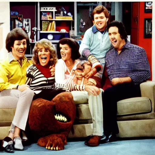 Image similar to vintage 1 9 8 0's sitcom, a happy photogenic family and a large giant evil wet slimy detailed monstrous demon creature inside a 1 9 8 0's sitcom living room