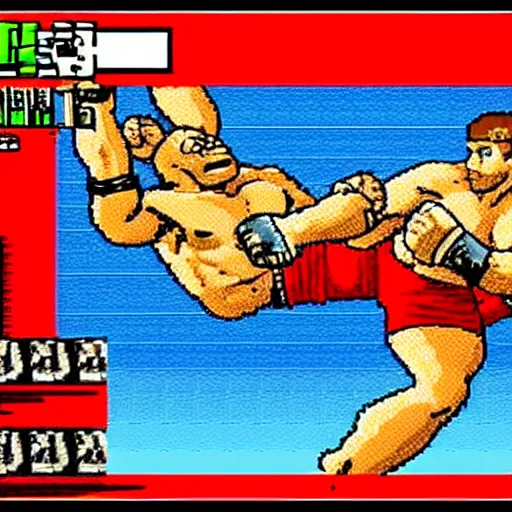 Image similar to 6 4 bit, 8 bit nes graphics. antropomorphic muscular masculine pepe the frog. kickboxer fighter, in shorts. aggressive large head. art from nes game cartridge