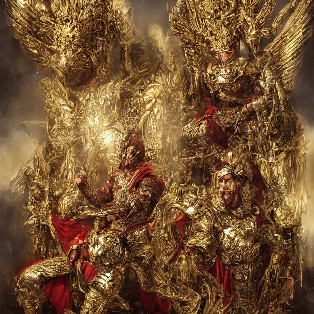 Image similar to Stunning portrait of a warrior king. He wears an intricate golden crown and a red cloak over ornate polished silver armour. He sits on a throne. Epic fantasy art. Extremely detailed, digital painting, trending on artstation, award-winning, concept art, sharp focus, 4k, hyperrealistic, masterpiece, cinematic, illustration, by greg rutkowski, aleksi briclot and bouguereau