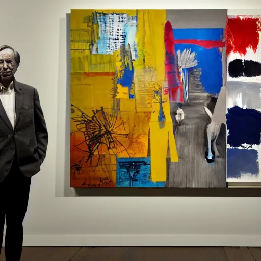 Image similar to a man standing in front of a display of paintings, an abstract painting by robert rauschenberg, pixiv, american scene painting, academic art, dye - transfer, dynamic composition