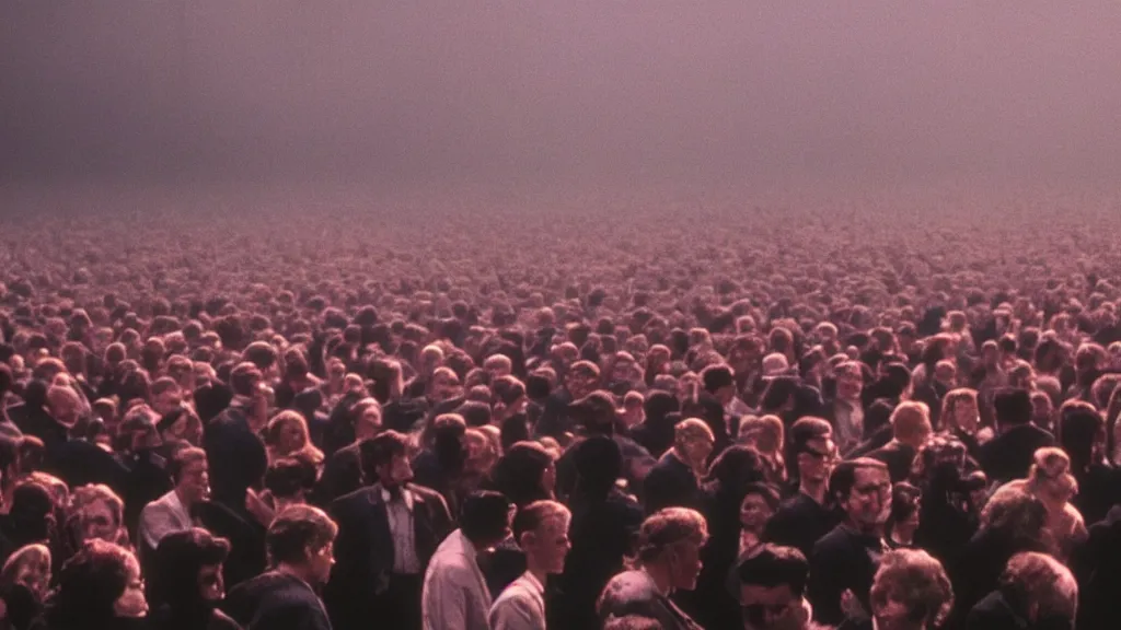 Image similar to movie still of a crowd saying good morning, cinematic composition, cinematic light, by edgar wright and david lynch