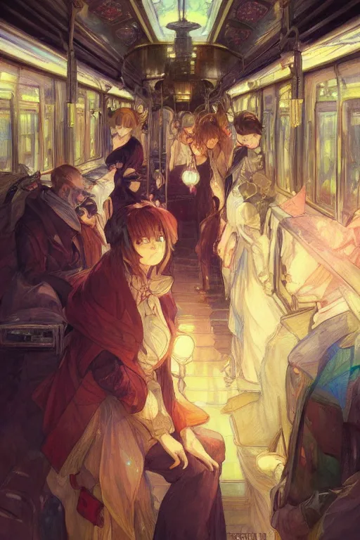 Image similar to inside the train, night, lamplight, shimmering and prismatic, rococo, by krenz cushart and mucha and monet, trending on artstation.