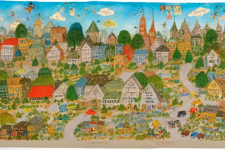Image similar to an elaborate and dense painting of a peaceful neighborhood, detailed, made of alcohol ink on parchment and penned illustrations, by richard scarry and bosch