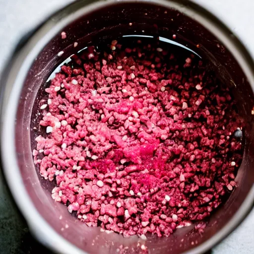 Prompt: a pot full of raw mince being mixed up by hands, pov, 4 k