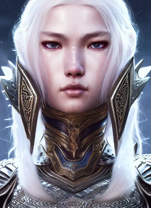 Image similar to warrior, intricate ornate opal heavy armor!!! beautiful and athletic white hair female!! gorgeous face and eyes!! character concept art, sharp focus, octane render! unreal engine 5! highly rendered!! trending on artstation!! detailed linework!! illustration by artgerm, wlop, and chie yoshii