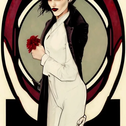 Image similar to beautiful portrait of androgynous ruby rose as desire from sandman in a white tuxedo!!!, rockabilly style, by frank moth, by alphonse mucha, cedric peyravernay, by jeremy mann, white suit and black tie, soft lightning, high detailed, 8 k