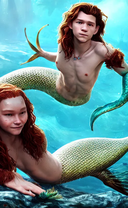 Image similar to tom holland as a charming mermaid work safe dreamlike with jewelry, character art, hyperdetailed, 8 k realistic, frostbite 3 engine, cryengine, dof, trending on artstation, digital art