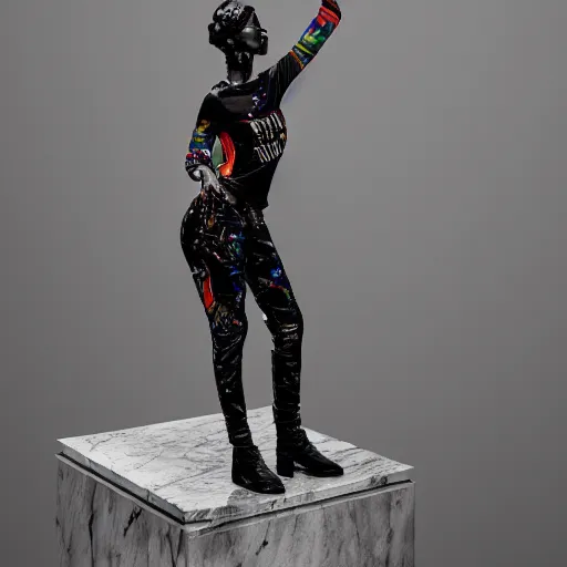 Image similar to black marble statue of a beautiful woman with colorful motocross logos in the style of virgil abloh, very very beautiful, detailed, off white, heron preston, 8 k, 4 k, detailed, beautiful, symmetrical, vogue, editorial, fashion, magazine, museum lighting, museum, gallery