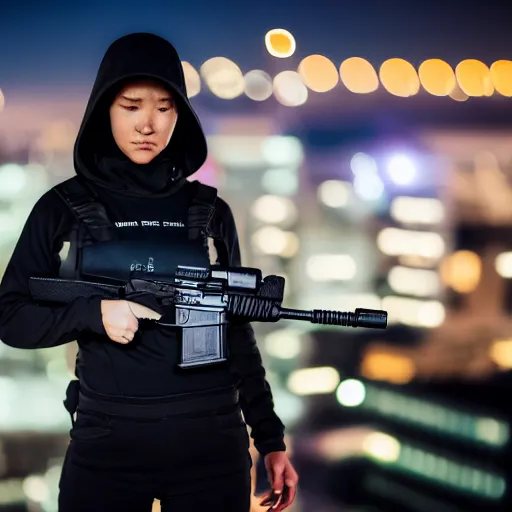 Image similar to photographic portrait of a techwear woman holding a Glock 18, closeup, on the rooftop of a futuristic city at night, sigma 85mm f/1.4, 4k, depth of field, high resolution, 4k, 8k, hd, full color