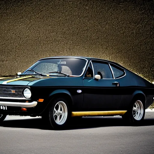 Prompt: 1970 Ford Capri MK1, smoke drifting from tyres, golden hour.