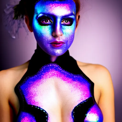 Image similar to a pirate, she is wearing iridescent bodypaint and futuristic space clothes