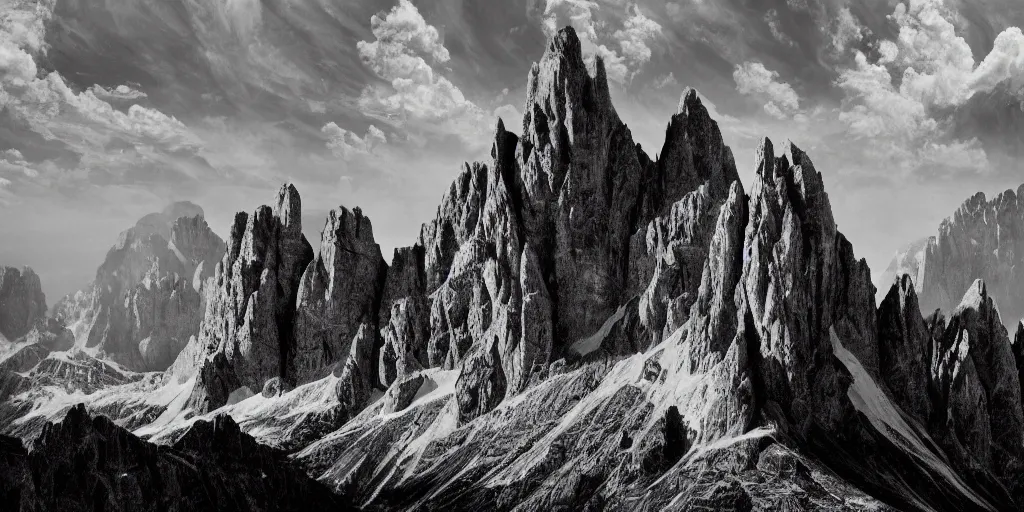 Prompt: who reigns over the dolomites, alpine, detailed intricate insanely detailed octane render, 8k artistic 1920s photography, photorealistic, black and white, chiaroscuro, hd, by David Cronenberg, Raphael, Caravaggio