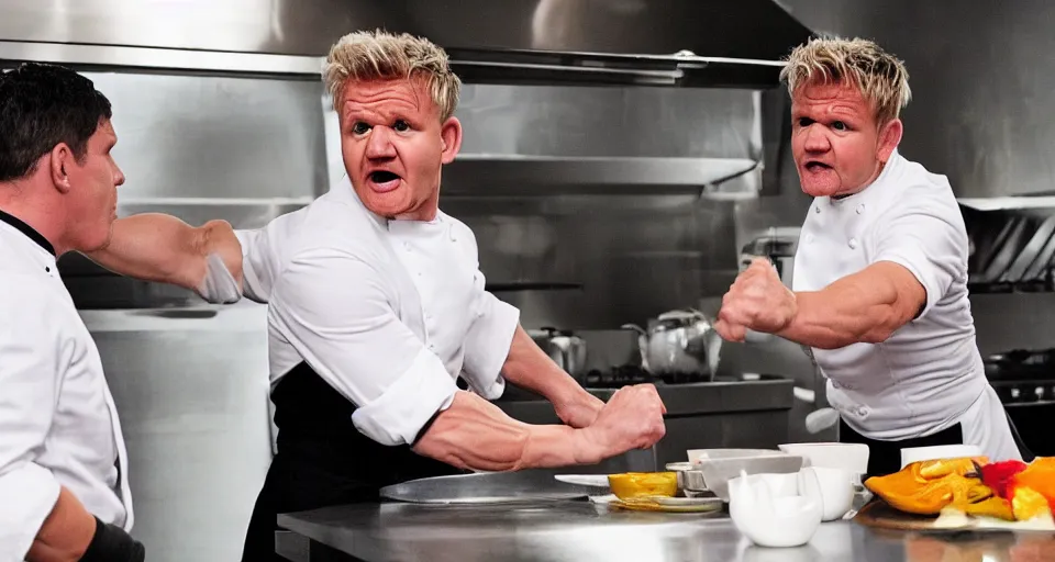 Image similar to photo of angry furious Gordon Ramsay punching Gordon Ramsay at the kitchen