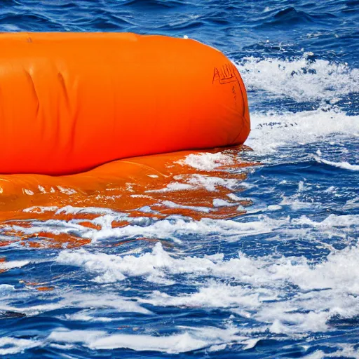 Prompt: an orange life raft drifts in a calm ocean, dramatic contrasting light, 135mm