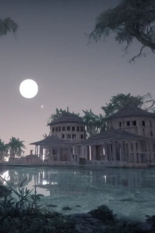 Image similar to the only building hovering over a deserted oasis on a moonlit night, clear focus, illustration, unreal engine 5, 8 k, in the style of peter morbacher, zek yerki, greg rutkowski, dim picturesque lighting of volumetric water bodies