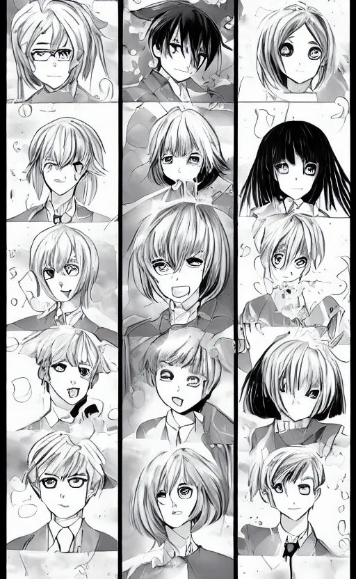 Image similar to a page of multi-panel shoujo!! ai school!! manga, black and white chibi manga!!! style, kawaii manga, japanese text kanji, coherent manga characters