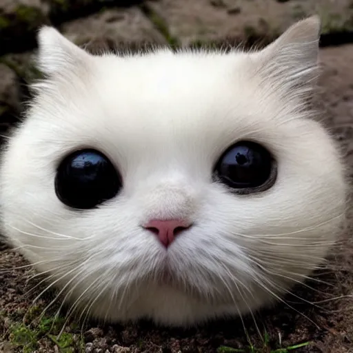 Image similar to a photo of a friendly cute puffball shaped like a cat head