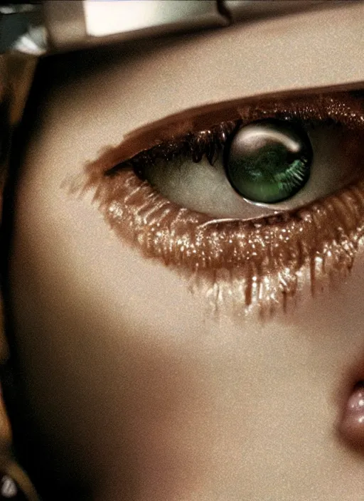 Prompt: hyper realistic and detailed closeup photo of a chrome female android in blade runner by annie leibovitz