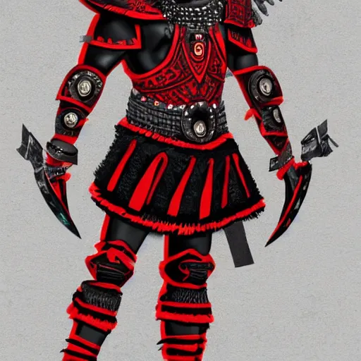 Prompt: aztec warrior in a ornated armor preparing for war, full body, dynamic pose, red and black neon, concept art, intricate details, highly professionally detailed, cgsociety, highly detailed -