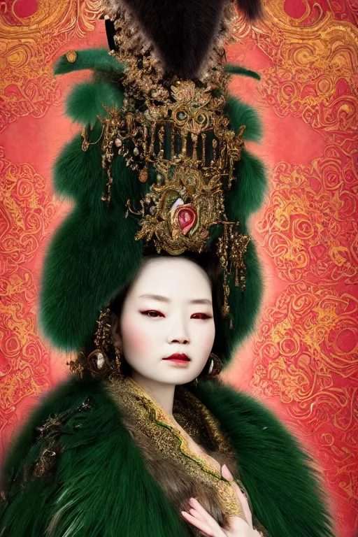 Prompt: a beautiful empress portrait, with a brilliant, impossible striking huge fur headpiece, fur clothes robes, everything fur, symmetrical, dramatic studio lighting, rococo, baroque, greens, asian, hyperrealism, closeup, D&D, fantasy, intricate, elegant, highly detailed, digital painting, artstation, octane render, 8k, concept art, matte, sharp focus, illustration, art by Artgerm and Greg Rutkowski and Alphonse Mucha