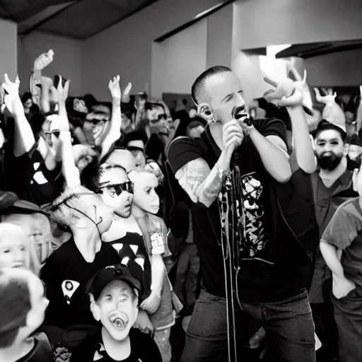 Image similar to Linkin Park Performing at a child's birthday party with children in the audience. Chester Bennington screams into the microphone, photograph