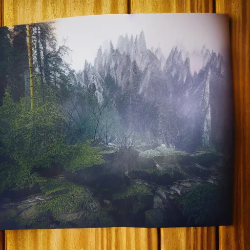 Prompt: the dark forest, surrounded by mountains and clouds. featured on artstation. # russianphotorealisticpixelart vibrant cosmic lagoon beaker thorn, by kati horna and arik brauer, matte painting