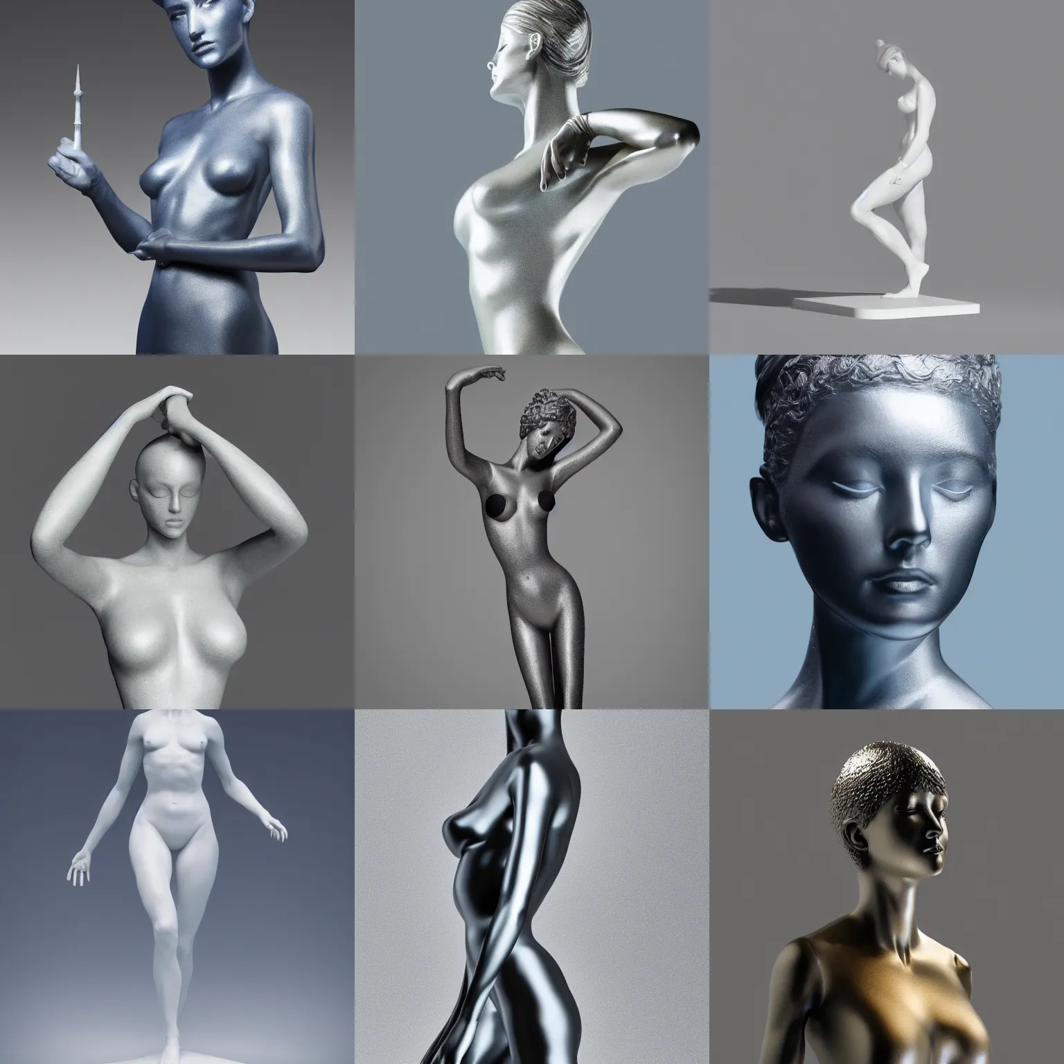 Prompt: ( statue the perfect woman ) designed by philippe starck, studio photo, white backdrop, studio light, solid works, octane render, macro shot, in focus, dept of field, silver, blue, black design