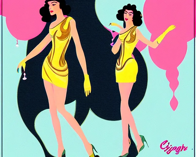 Image similar to teenage cher dancing in art deco style, champagne commercial, artstation, illustration, bright, cheerful, detailed and intricate environment