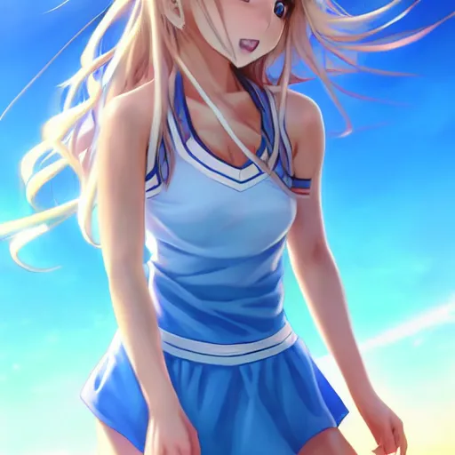 Image similar to a very beautiful young anime basketball girl, full body, long wavy blond hair, sky blue eyes, full round face, short smile, bikini, miniskirt, highly detailed, cinematic wallpaper by stanley artgerm lau