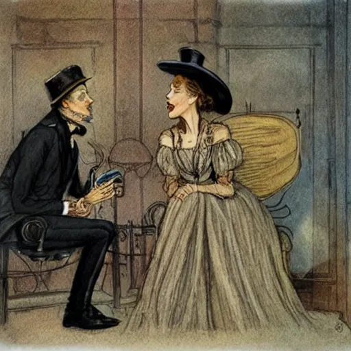 Image similar to a mummy in victorian clothes and a top hat has an intimate conversation with a woman in victorian clothes, graphic novel style by alan lee and john howe