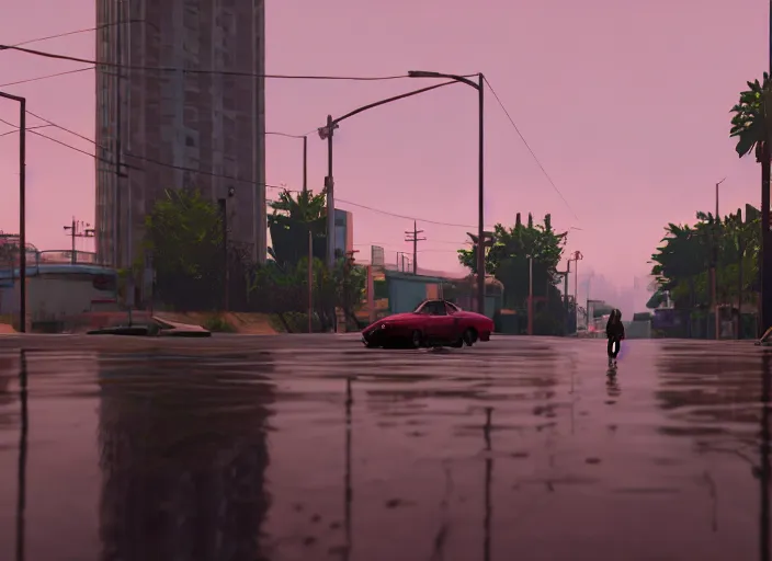 Prompt: still next - gen ps 5 game grand theft auto 6 2 0 2 4 remaster, graphics mods, rain, red sunset, people, rtx reflections, gta vi, moscow, soviet apartment buildings, photorealistic screenshot, unreal engine, 4 k, 5 0 mm bokeh, close - up old lada, gta vice city remastered, artstation