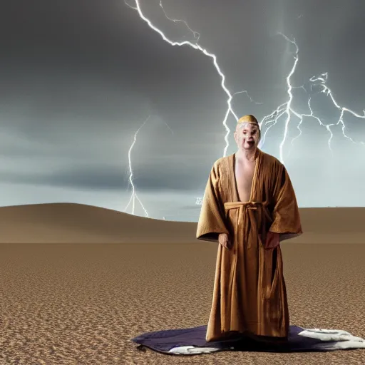 Prompt: a man with a crown on his head, dressed in a robe, sitting on a throne, in the desert, in the background a thunderstorm, hyperrealistic, 8 k, hyperdetalied,