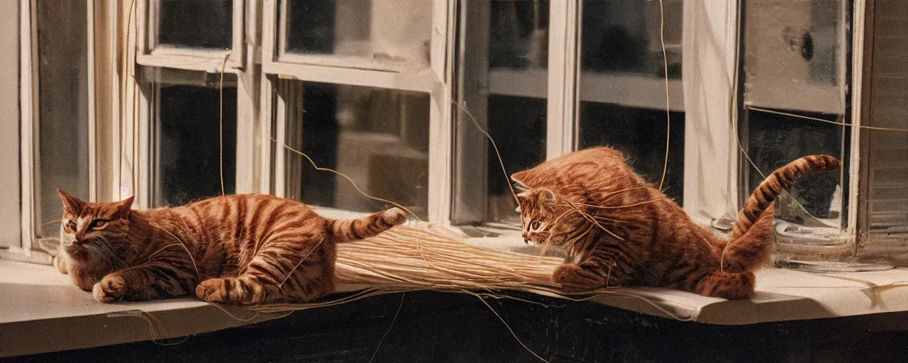 Image similar to only 1 cat playing with spaghetti on a windowsill, city apartment, small details, intricate, sharply focused, canon 5 0 mm, wes anderson film, kodachrome